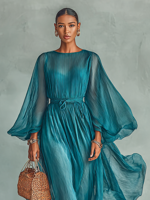 Abril | Vestido Maxi con Cuello Redondo y Manga Larga, con Cintura Ajustable