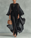 Abril | Vestido Maxi con Cuello Redondo y Manga Larga, con Cintura Ajustable