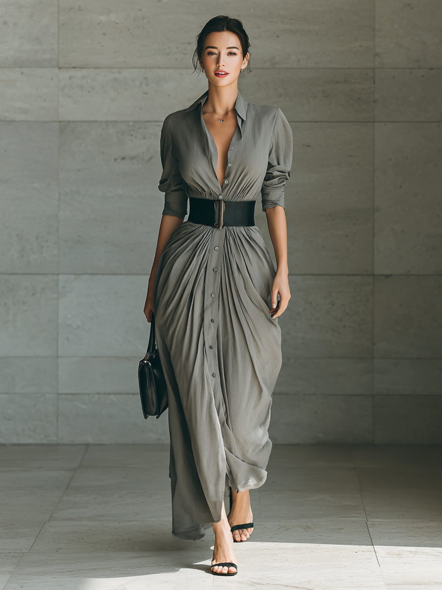Tamara | Vestido largo con cuello solapa y manga larga