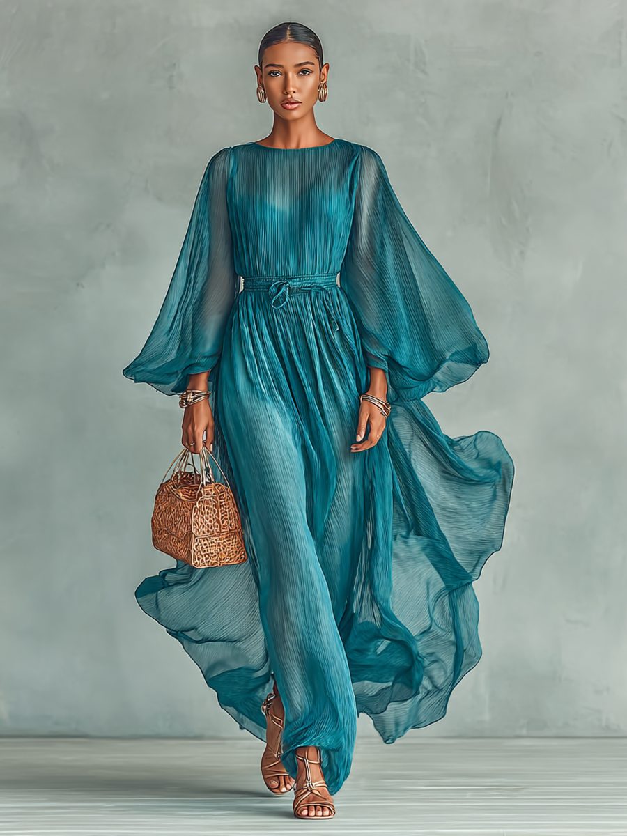Abril | Vestido Maxi con Cuello Redondo y Manga Larga, con Cintura Ajustable