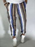 Pantalones a rayas con efecto lino en azul cielo