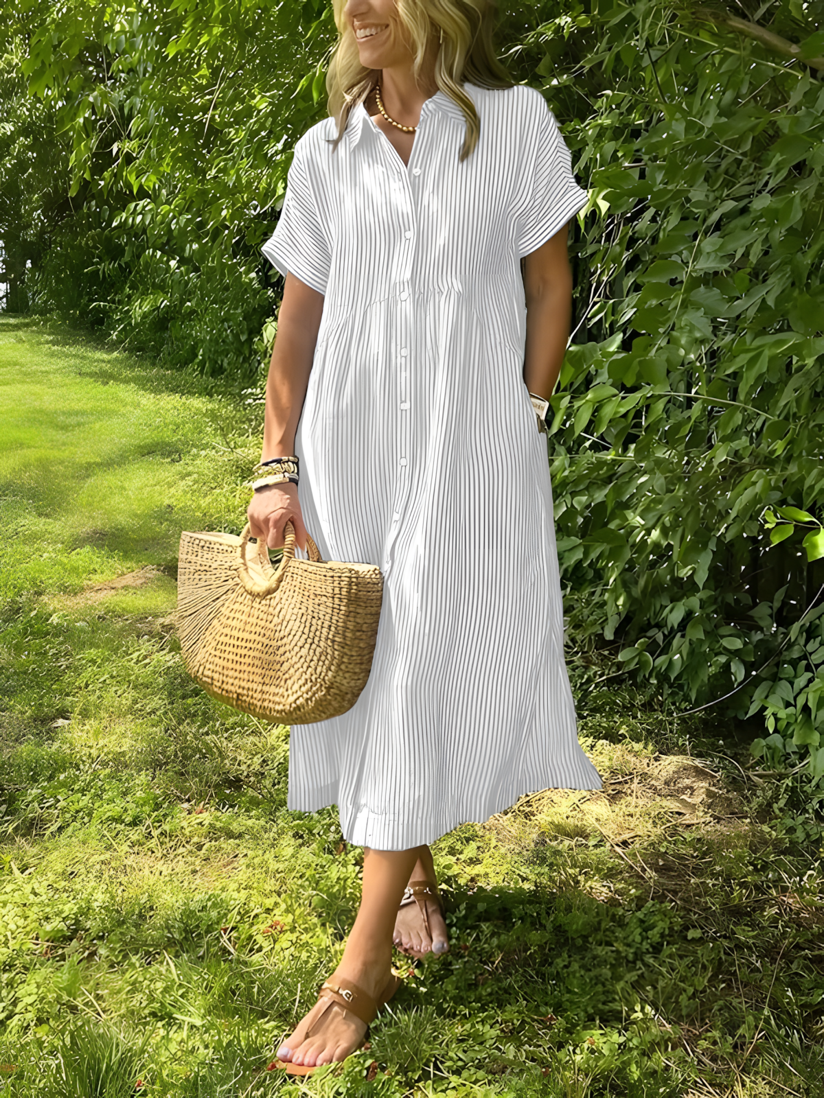 Lare |Vestido largo de rayas con bolsillos y cuello en V